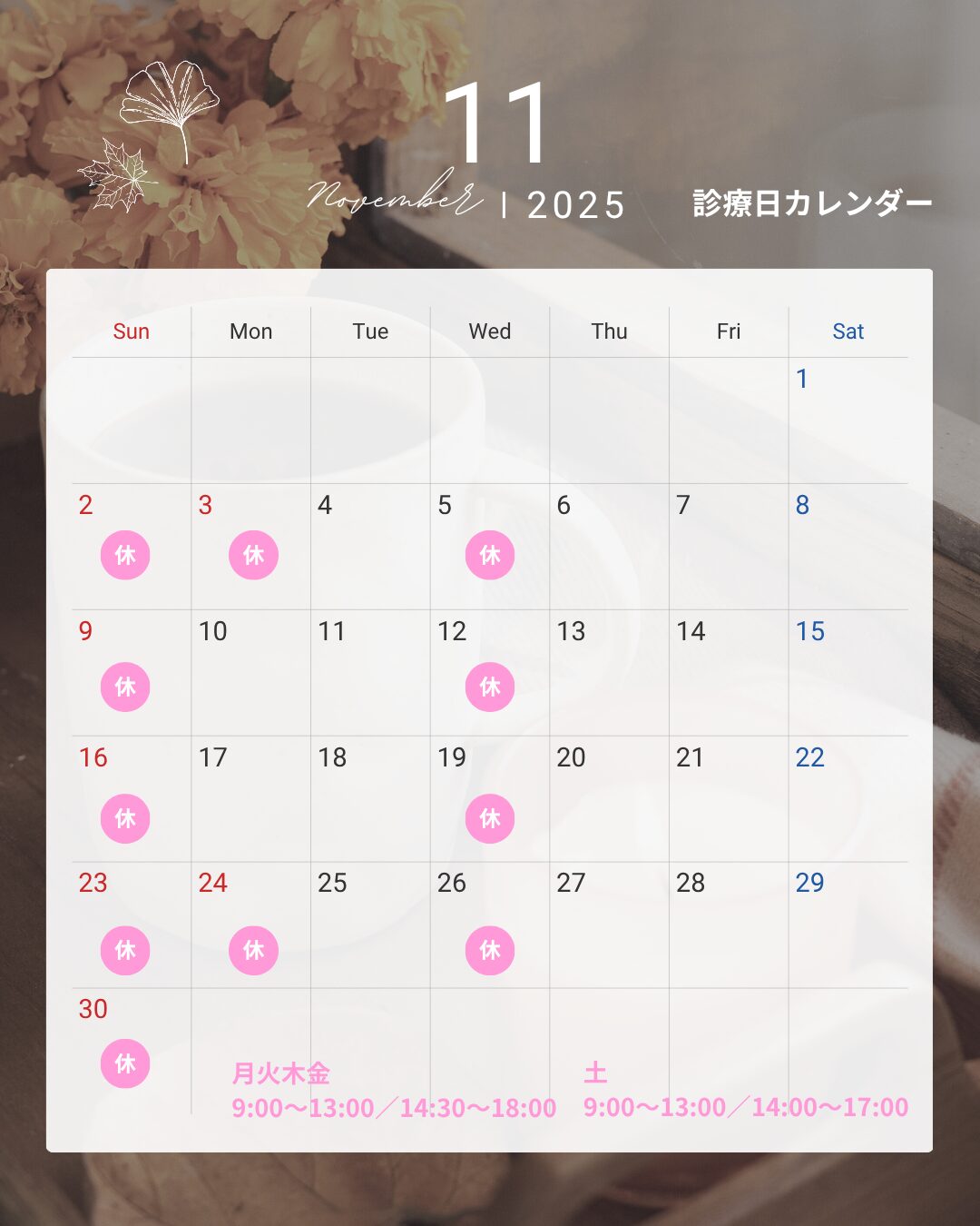 2025年11月 診療カレンダー(はやかわ歯科 小児矯正歯科)